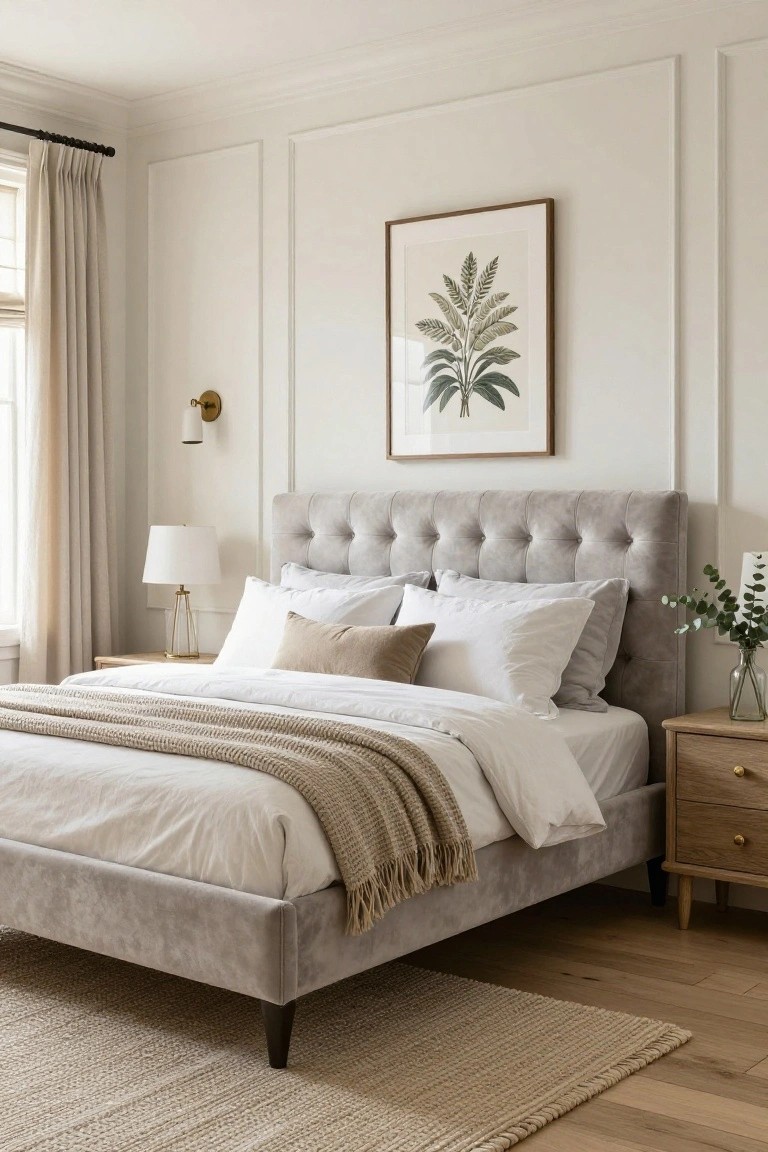 Light gray tufted velvet upholstered bed with white and cream bedding and pillows, wooden nightstands with lamps, white paneled walls, beige curtains on windows, botanical print artwork, and beige rug on hardwood floor in a bedroom.