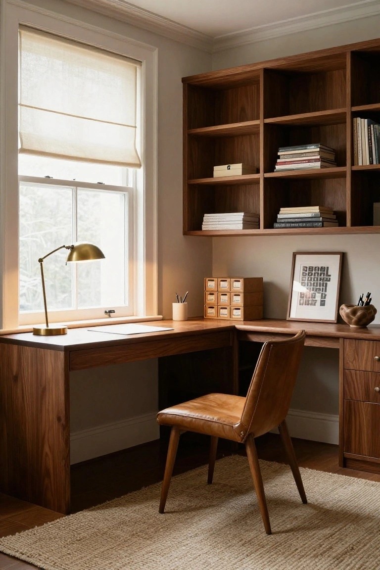 Corner home office with walnut L-shaped desk, matching built-in shelving and cabinets on two walls, tan leather chair, brass desk lamp, and window with linen roller shade.