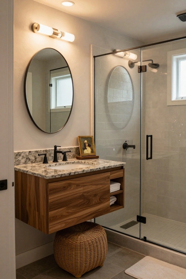 Bathroom with floating wood vanity cabinet, white marble countertop and sink, black metal faucet, round black mirror, framed portrait, glass shower enclosure with subway tile, wicker stool, and neutral wall and floor tiles.