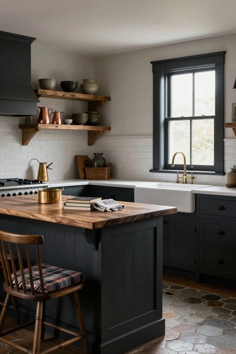 Rustic farmhouse kitchen with matte black cabinets, wooden island topped with books and cloth, white farmhouse sink with brass faucet, open wood shelves displaying ceramics and copperware, wooden stool with plaid seat cushion, white subway tile backsplash, and hexagonal floor tiles.
