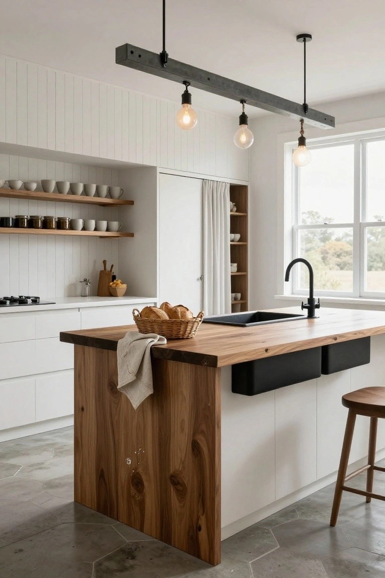 A kitchen interior with white paneled walls, wooden open shelves stocked with dishes and jars, white cabinets, a central light wood island with black integrated sinks and a towel draped over it, black faucet, gas cooktop, and industrial pendant lights from a steel beam over a window with sheer curtains.