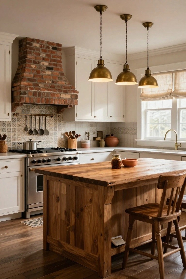 Farmhouse kitchen with exposed brick range hood over stainless steel stove, white shaker cabinets, wooden island with stools, brass pendant lights, and blue-white tiled backsplash.