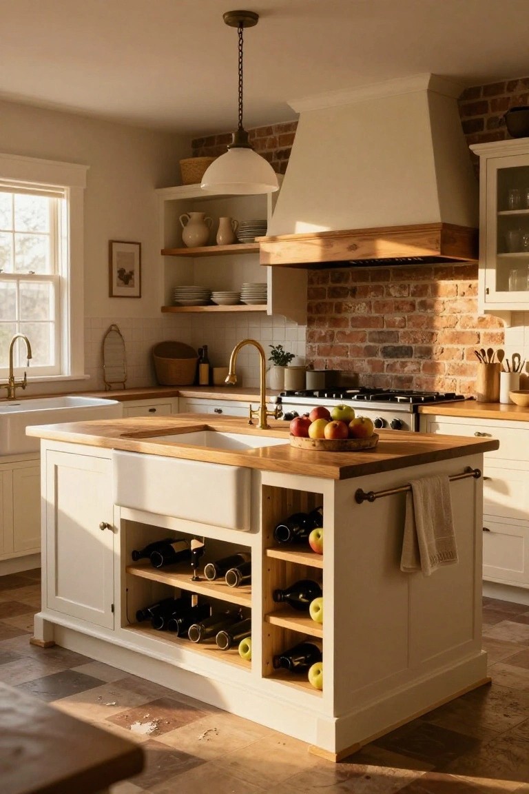 A farmhouse kitchen with exposed brick wall behind the gas range under a wooden hood, white cabinets, wooden-topped island with farmhouse sink and built-in wine rack holding bottles and apples, brass faucets, and open shelving.
