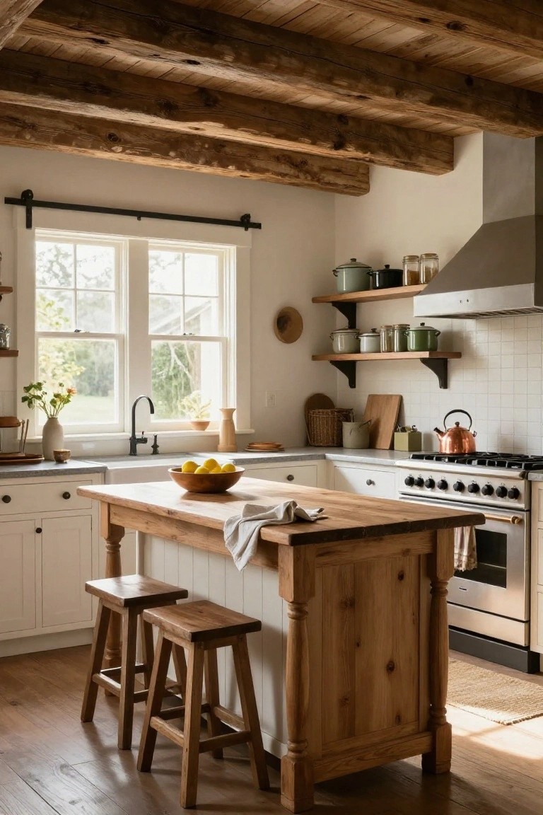 Rustic farmhouse kitchen with exposed rough wooden beams on the ceiling, white shaker cabinets, large wooden island with two stools and bowl of lemons, farmhouse sink under double window, open shelves with pottery and plants, and stainless appliances.