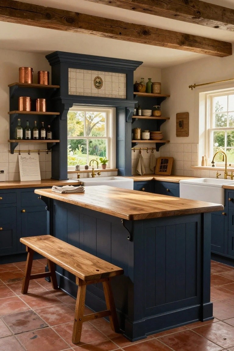Rustic farmhouse kitchen with navy blue cabinets, exposed wooden ceiling beams, central wooden-topped island with bench, white farmhouse sinks, open shelving with copper pots and bottles, and a window overlooking a garden.