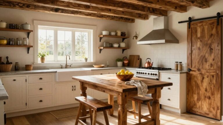 20 Classic Rustic Farmhouse Kitchen Ideas That Never Go Out of Style Rustic farmhouse kitchen with exposed rough wooden beams on the ceiling, white shaker cabinets, large wooden island with two stools and bowl of lemons, farmhouse sink under double window, open shelves with pottery and plants, and stainless appliances.