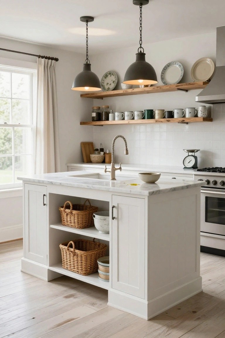 White kitchen island with gray marble countertop, open lower shelving holding wicker baskets, under black pendant lights, in a white-walled kitchen with wood open shelves displaying dishes and mugs.