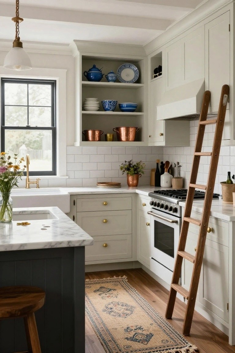 A farmhouse-style kitchen featuring greige shaker cabinets, white subway tile backsplash, marble countertop island with wooden stool, farmhouse sink, gas range, wooden leaning ladder against upper cabinets, open shelving with blue and white ceramics and copper pots, and a window with black frame.