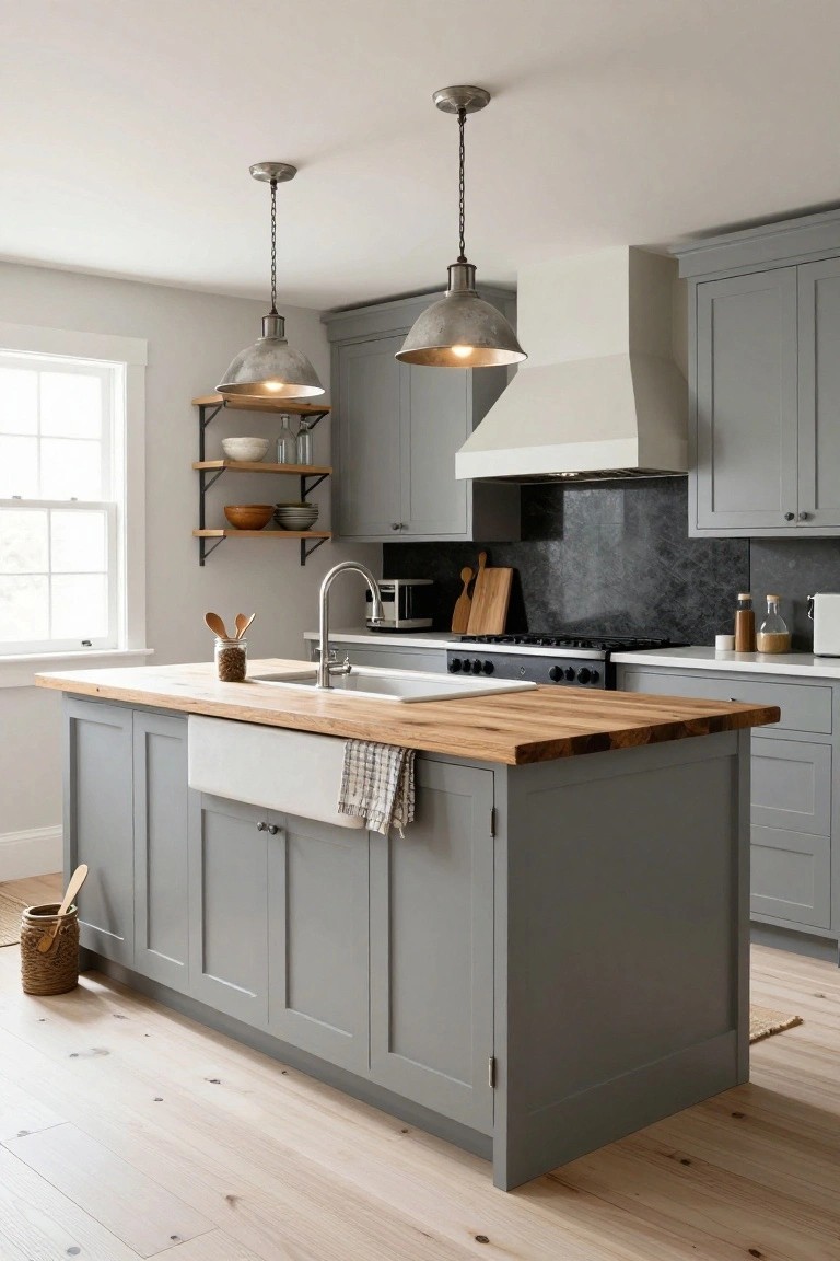 A farmhouse kitchen with light gray shaker-style cabinets, a large center island topped with light wood butcher block countertop and white farmhouse sink, two metal pendant lights overhead, open wood shelving on the wall, and hardwood floors.