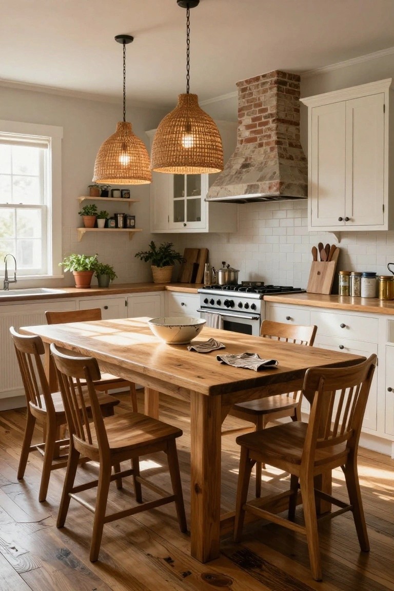 Sunlit farmhouse kitchen with white shaker cabinets, exposed brick chimney hood, rattan pendant lights, subway tile backsplash, wooden countertops, and a large rectangular wood dining table with ladderback chairs on hardwood floors.