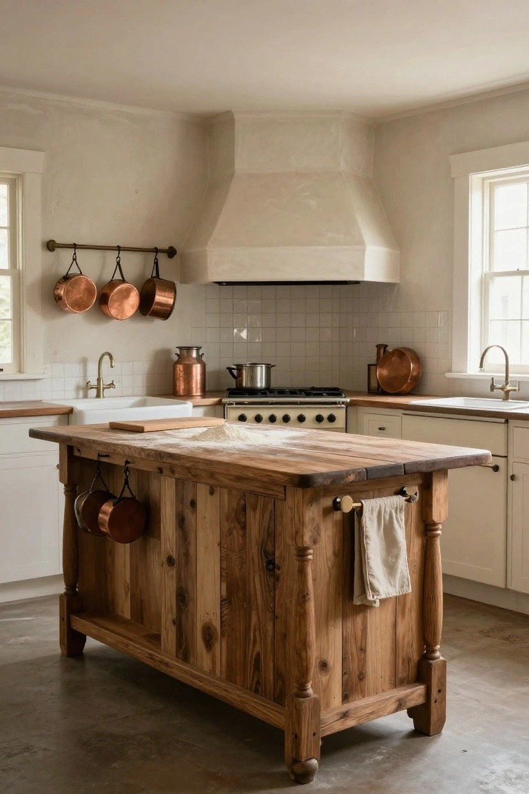 A rustic farmhouse kitchen with a large wooden island featuring hanging copper pots, white cabinets, subway tile backsplash, a farmhouse sink, and a white range stove under a curved hood.