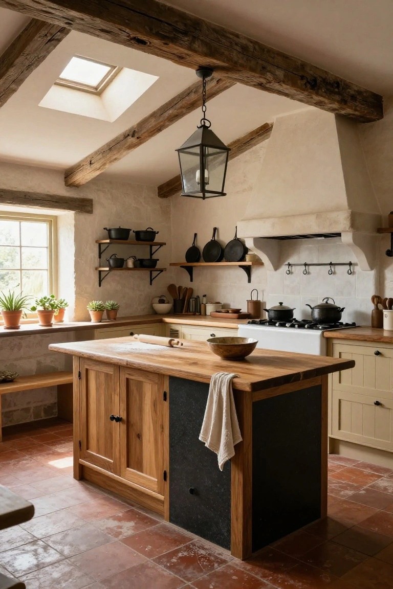 Rustic farmhouse kitchen featuring exposed wooden beams, white-rendered stone walls, a central wooden island with black slate panel and towel, creamy cabinets, cast iron pots on shelves, and terracotta tile floor.