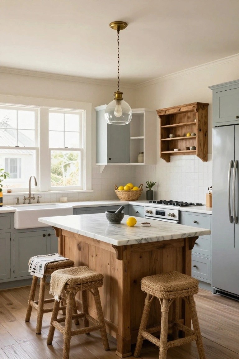 A farmhouse kitchen with pale blue cabinets, wooden open shelves, white subway tile backsplash, farmhouse sink, stainless appliances, central wooden island with white marble top and rattan barstools, and large windows letting in natural light.