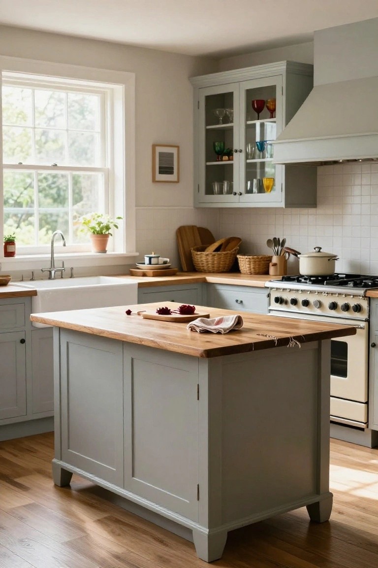 A farmhouse-style kitchen with pale grey shaker cabinets, wooden-topped central island, white farmhouse sink, cream range cooker, glass-fronted upper cabinets displaying colored glassware, and a window with garden view.