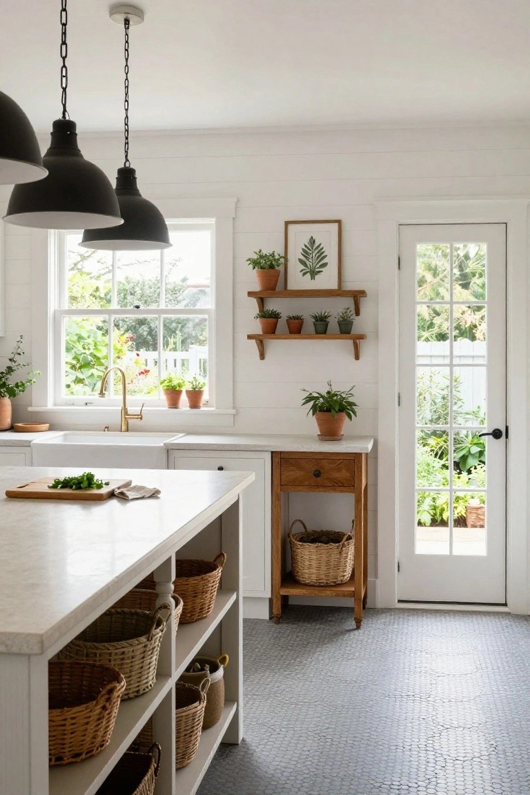 White farmhouse kitchen with black pendant lights over a marble-top island featuring open shelves filled with woven baskets, potted plants on wall shelves, brass faucet at sink, wood side table, and French doors to garden.