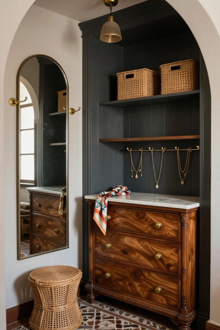 Arched interior alcove with brass-framed arched mirror on wall hooks, dark wood shelves holding two woven baskets and brass rods with hanging gold necklaces, marble-top antique wood dresser draped with colorful scarf, woven stool, and tiled floor.