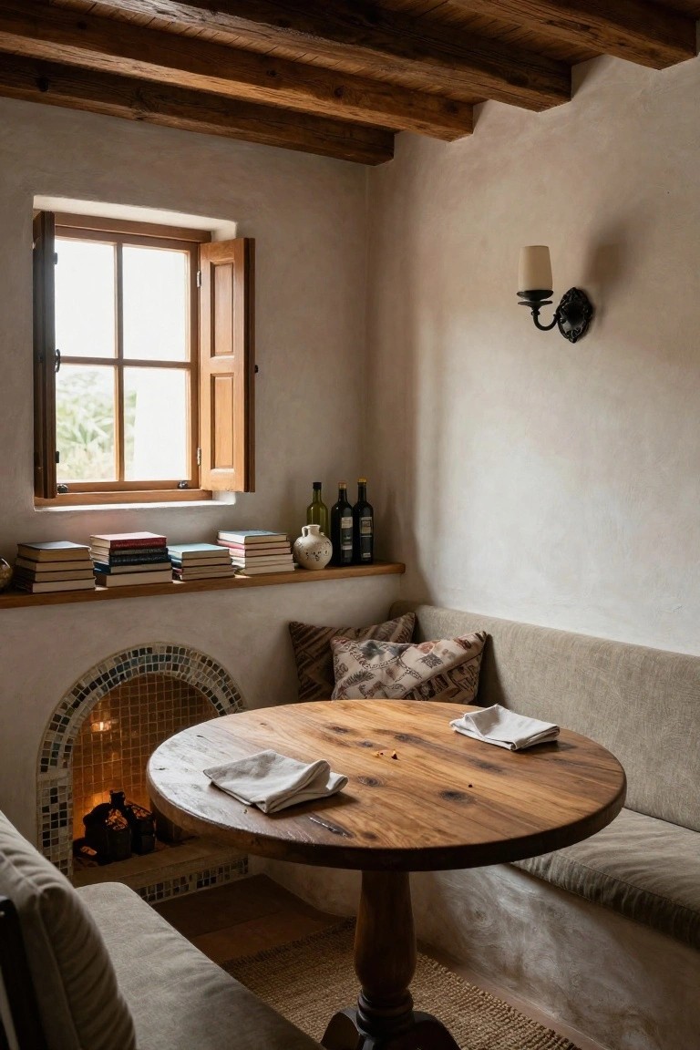 White-walled interior room with exposed wooden beam ceiling, built-in beige benches around a round wooden table next to a mosaic-tiled fireplace, wooden shelves holding books and bottles, and a wooden-shuttered window.