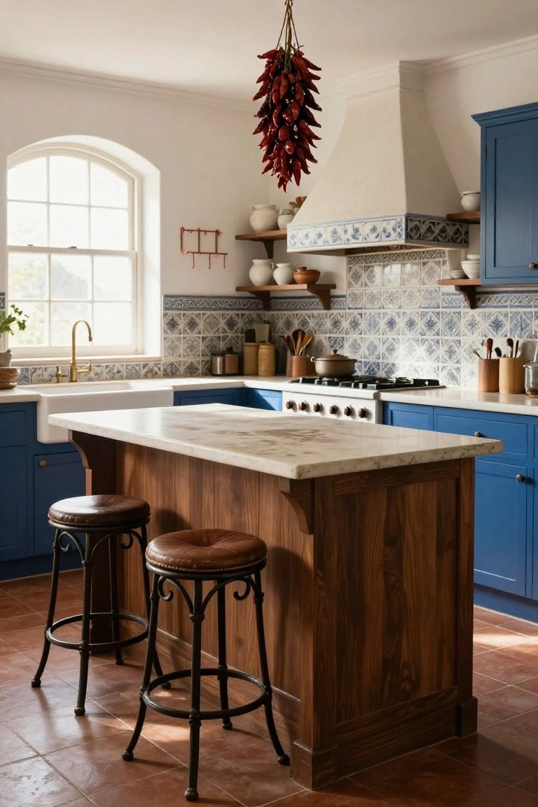 A kitchen interior with navy blue lower cabinets, white walls, blue and white tiled backsplash, wooden center island topped with marble and paired with leather bar stools, brass faucet, white farmhouse sink, and terracotta tile floors.