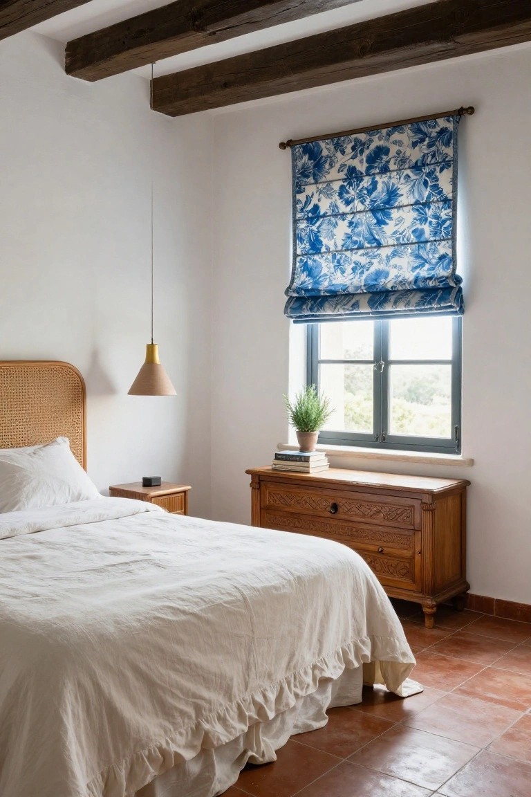 Bedroom with exposed dark wooden ceiling beams, white walls, rattan headboard bed draped in white linens, wooden dresser beside window with blue floral roman shade, pendant lamp, potted plant, and terracotta tile floor.