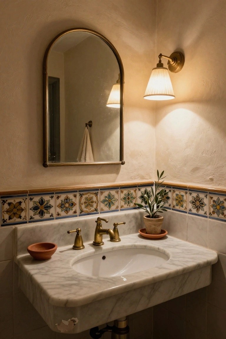 Corner bathroom with white marble vanity, brass faucet and handles, small terracotta bowl, potted olive plant, blue and white patterned tile border, arched brass mirror, towel, and shaded wall sconce on beige textured walls.