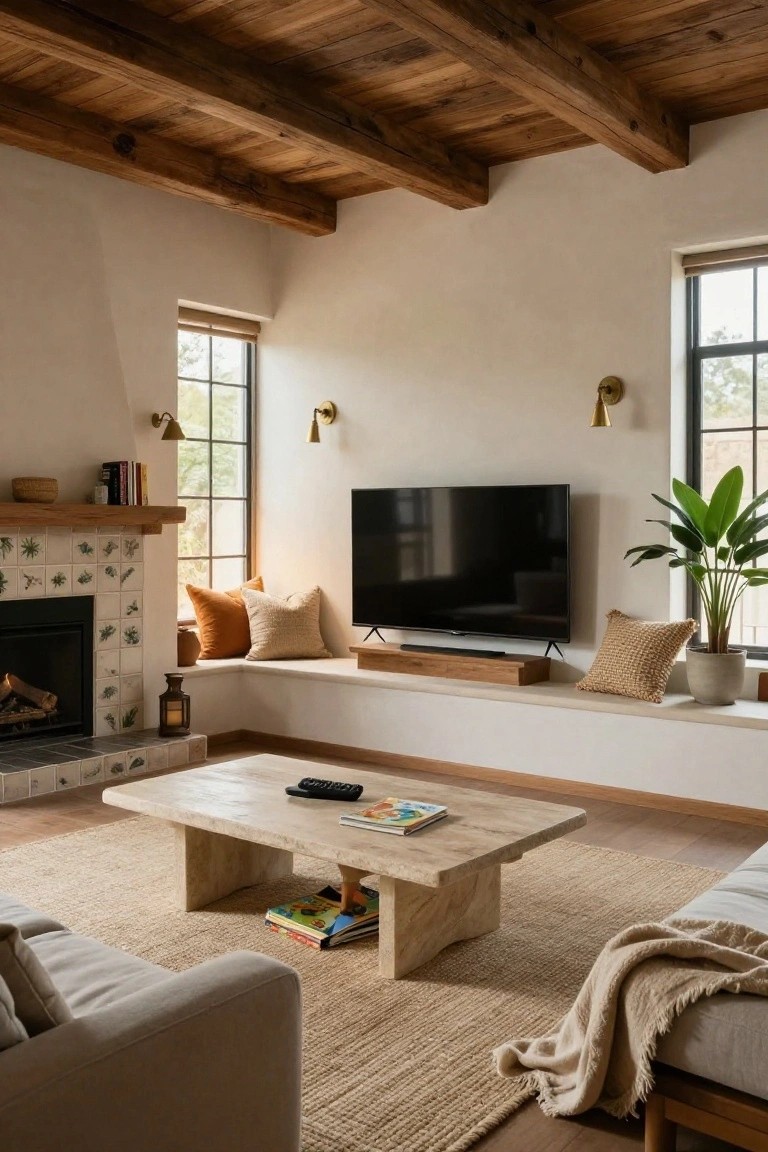 Living room with exposed dark wooden beams on the ceiling, white walls, green-tiled fireplace, built-in window bench with cushions, mounted TV, wooden coffee table, beige sofa on seagrass rug, and potted plants.
