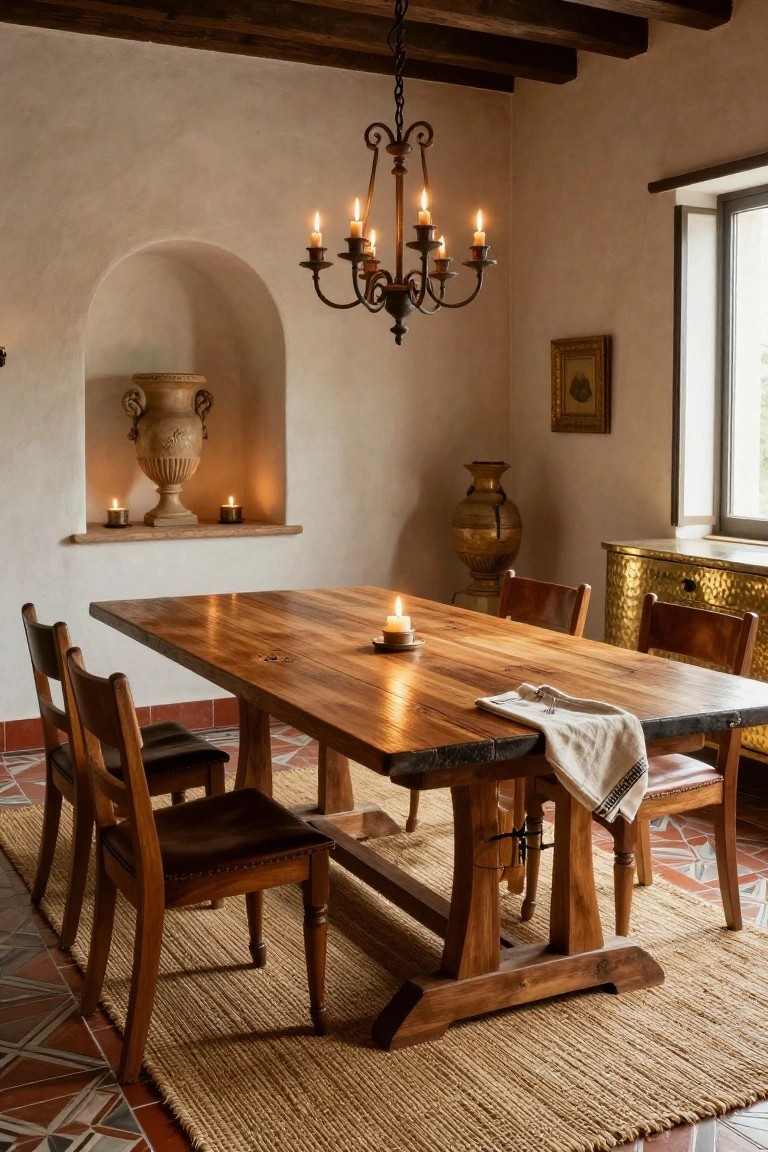 A cozy dining room with a large rectangular wooden table featuring live-edge edges and trestle legs, surrounded by wooden chairs with leather seats, candles on the table and in wall niches, a multi-arm chandelier, earthenware vases, and beige walls with terracotta tile flooring.