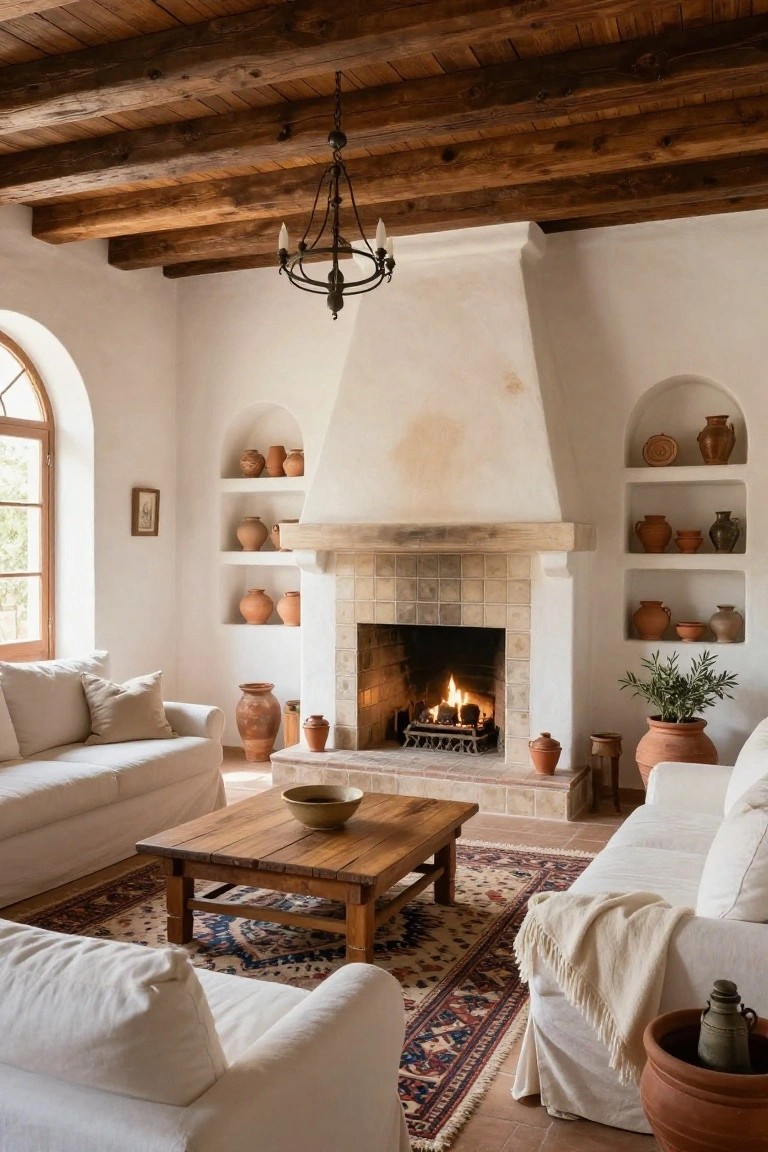 White stucco living room with exposed wooden ceiling beams, large arched fireplace with fire, built-in wall niches holding terracotta pots, white sofas, wooden coffee table, and Persian rug on terracotta tile floor.
