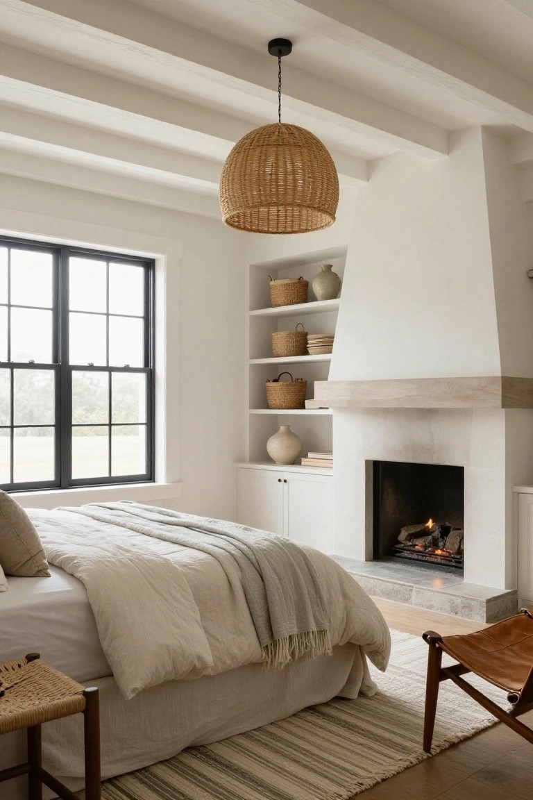 A cozy bedroom with a white bed covered in neutral linens and throws, built-in white shelves around a beige stone fireplace holding woven baskets and ceramic pots, large black-framed window overlooking greenery, rattan pendant light, and wood furniture.