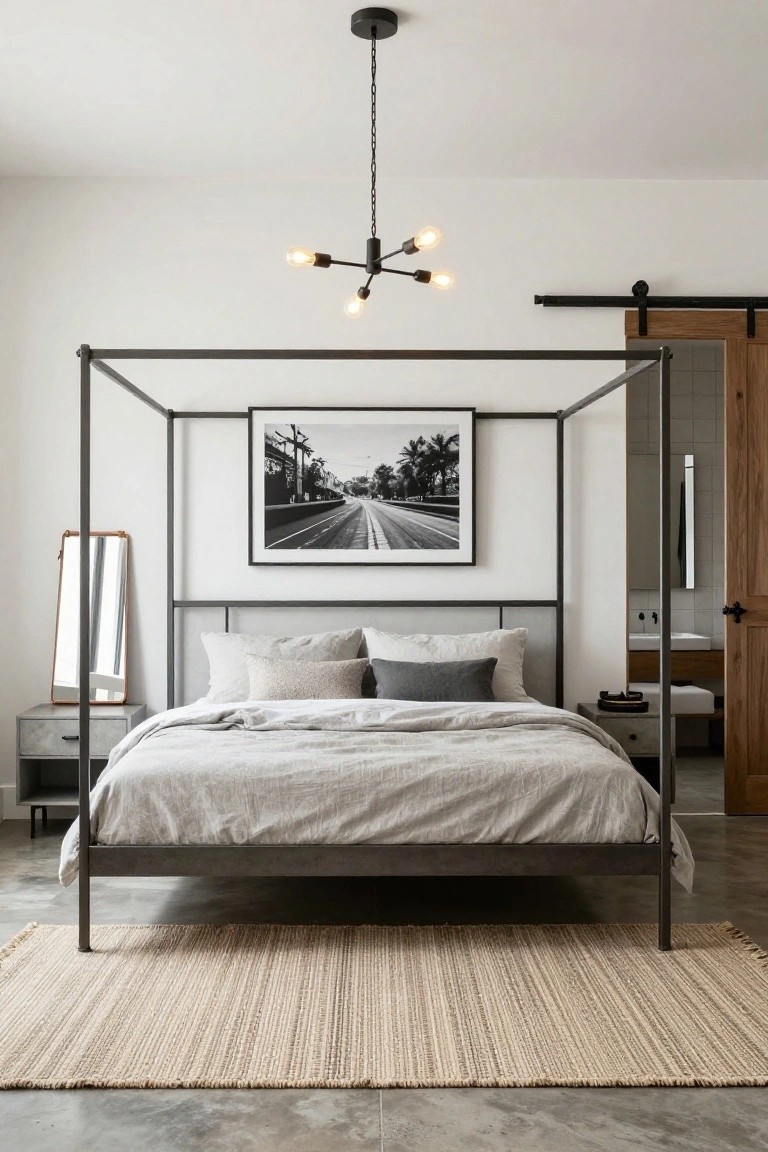 A bedroom with a tall black metal canopy bed dressed in gray linens, a large black-and-white street photo above the headboard, a five-bulb pendant light overhead, a freestanding mirror, nightstand, seagrass rug on concrete floor, and open sliding wood door to an adjacent bathroom.