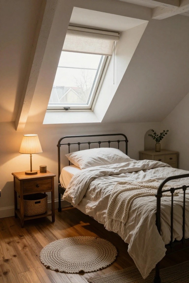 Attic bedroom with sloped white ceilings and skylight, black metal bed frame with white sheets and knit throw, wooden nightstand holding lamp and candle, wicker basket, round woven rug on hardwood floors.