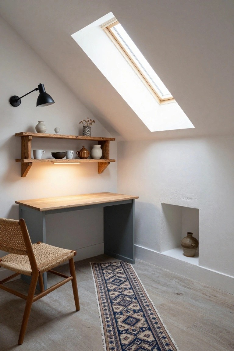 Attic room interior with white walls and sloped ceiling, featuring wooden shelves holding pottery above a light oak desk, rattan chair, skylight, desk lamp, and small rug on wood floor.