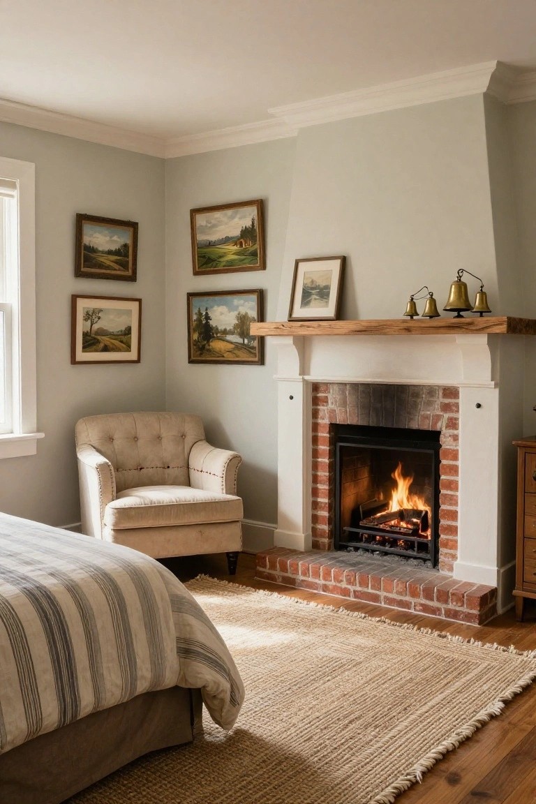 Bedroom corner with lit brick fireplace under wooden mantel holding brass bells, beige tufted armchair nearby, bed with striped linen duvet and brown skirt, framed landscape paintings on pale green walls, seagrass rug on wood floors