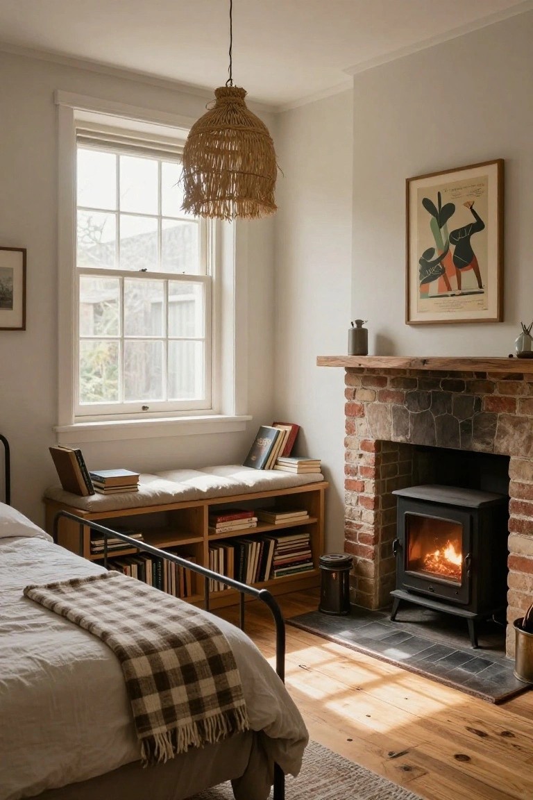 Bedroom with metal bed frame draped in white linens and plaid throw, wooden bench under window with cushions books and open shelves, brick hearth with burning wood stove, rattan pendant light, abstract wall art, and oak floorboards.