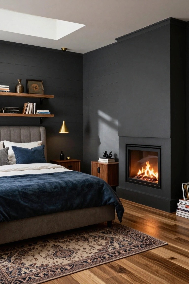 Bedroom interior with dark gray shiplap walls, tufted gray upholstered bed with white sheets and navy blanket, wooden floating shelves holding books and decor, brass pendant light, wooden nightstand, built-in modern fireplace, and patterned rug on hardwood floors.