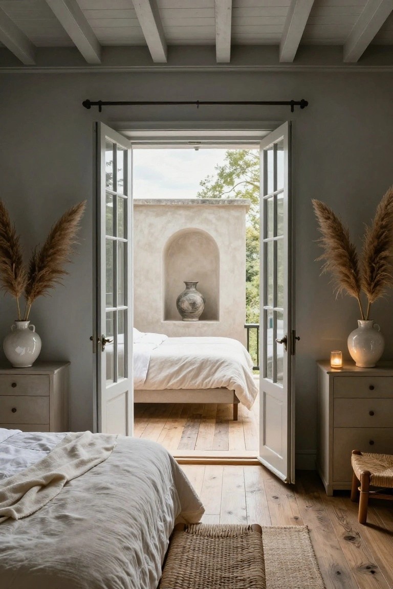 Light gray bedroom interior with open white French doors leading to a beige stucco balcony alcove containing a bed, flanked by tall pampas grass in white vases on wooden nightstands, white linen bed, wooden floors, and seagrass stool.