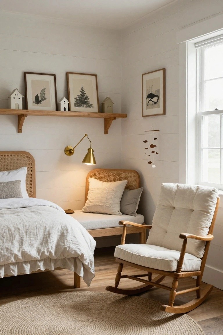 Bedroom corner with white shiplap walls, floating wood shelves displaying three beige-framed botanical art prints and small white house models, rattan headboard bed with white linen bedding and pillows, wooden bench at foot of bed, white-cushioned wooden rocking chair, brass wall lamp, seagrass rug on wood floor.