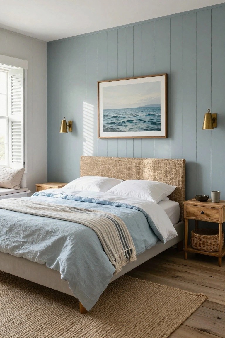 Bedroom interior with light blue vertical plank walls, rattan headboard on a bed with blue linen duvet cover, white pillows, beige throw, wooden nightstand holding a mug and bowl, brass sconces, and large framed seascape artwork.