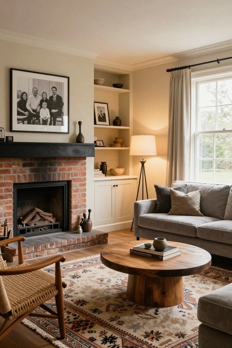 Living room with exposed red brick fireplace flanked by white cabinets and shelves, light gray sofa with pillows, rattan armchair, round wooden coffee table with books, patterned rug, and large window with white curtains.