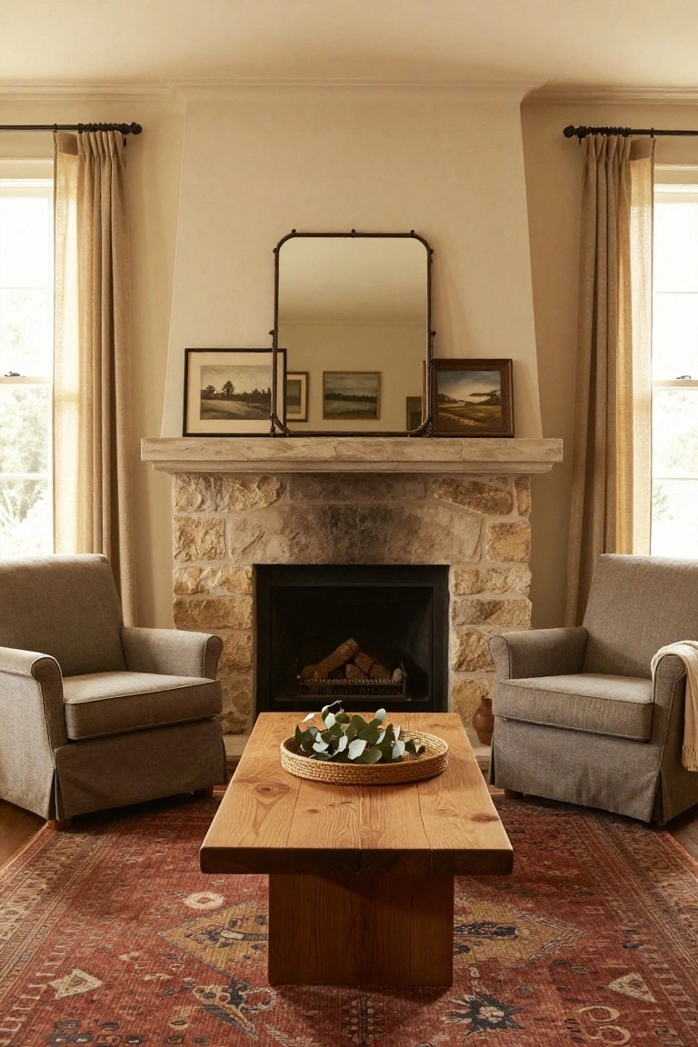 Living room with beige linen armchairs facing a limestone fireplace across a rectangular wooden coffee table with a basket of eucalyptus leaves, neutral walls, beige curtains on windows, small landscape paintings on mantel, and red patterned rug on wood floor.