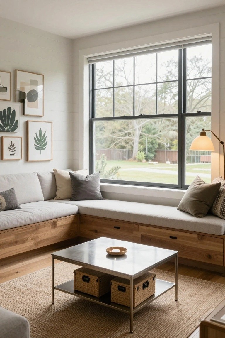 Corner of a light-filled living room with white shiplap walls, L-shaped cushioned bench on wooden base with drawers along a large black-framed window, metal coffee table with baskets and bowl, neutral pillows, abstract framed art, and wood floors.