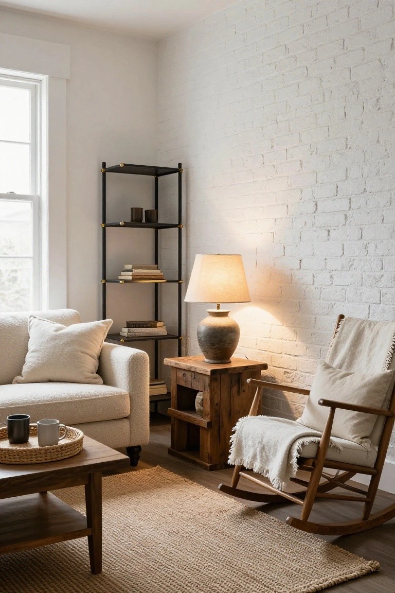 Living room corner with cream sofa and pillows, wood coffee table holding rattan tray with mugs, wooden rocking chair draped with cream throw and pillow, wood side table with ceramic lamp, black metal shelving unit with books and ceramics against white brick wall, seagrass rug on wood floor.