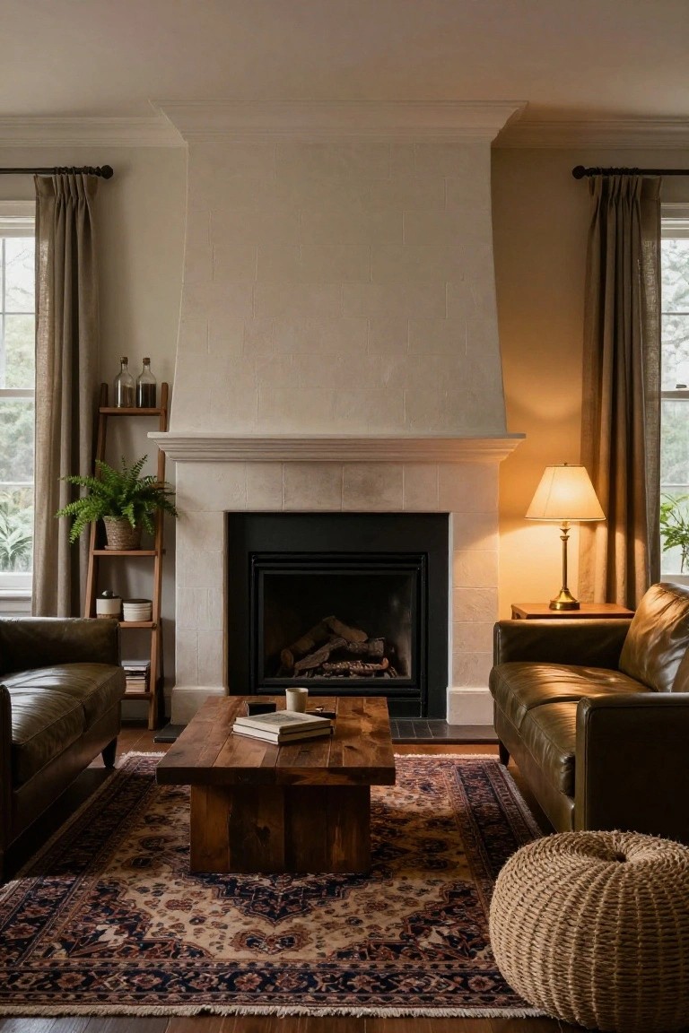 A cozy living room features two brown leather sofas facing a white stone fireplace with a black insert and burning logs, a wooden coffee table on a patterned Persian rug, ladder shelf with plants on one side, and linen curtains on tall windows.