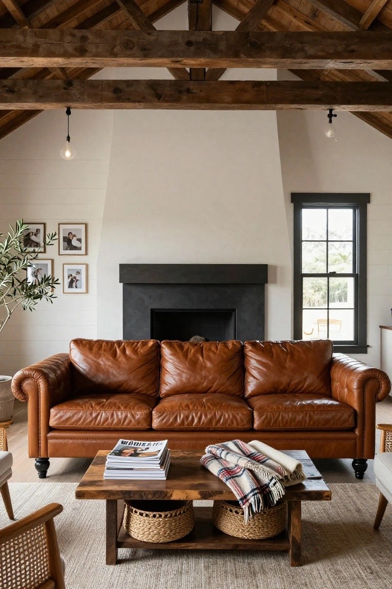 Modern farmhouse living room with tan tufted leather sofa facing a black fireplace, exposed wooden ceiling beams, white shiplap walls, wooden coffee table with magazines and blanket, potted olive tree, and framed photos.
