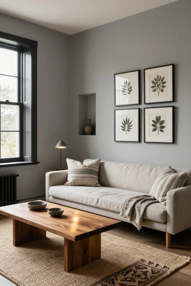 Gray living room with beige linen sofa, low natural wood coffee table holding two gray bowls, seagrass rug, four black-framed botanical leaf prints above an alcove with vase and lamp, black-trimmed window with trees outside, and radiator.