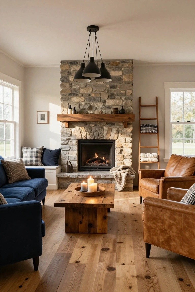Living room with large gray stone fireplace, burning fire, wooden mantel, navy blue sofa with pillows, tan leather armchair, wooden coffee table with candles, ladder shelf with blankets, black pendant light, and hardwood floors by large windows.