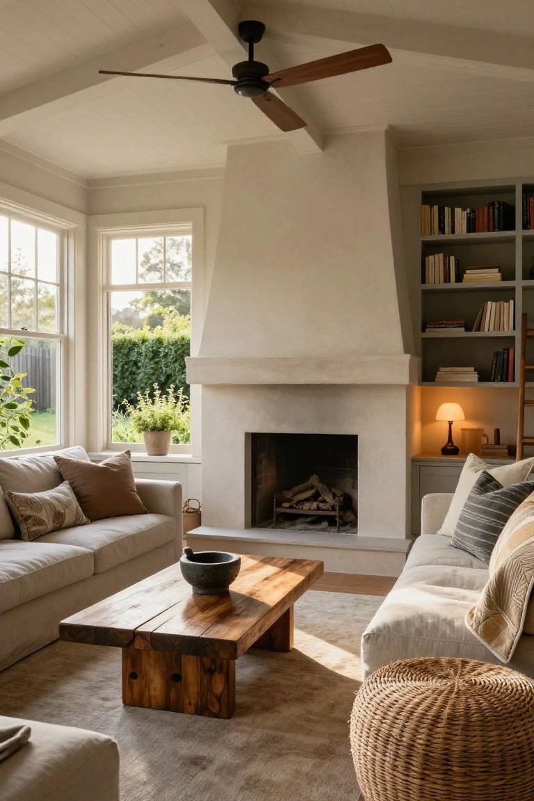 Sunlit living room with cream upholstered sofas, wooden coffee table holding a stone bowl, woven ottoman, tall white plaster fireplace with logs and built-in gray bookshelves, large windows showing greenery, and beamed ceiling with fan.
