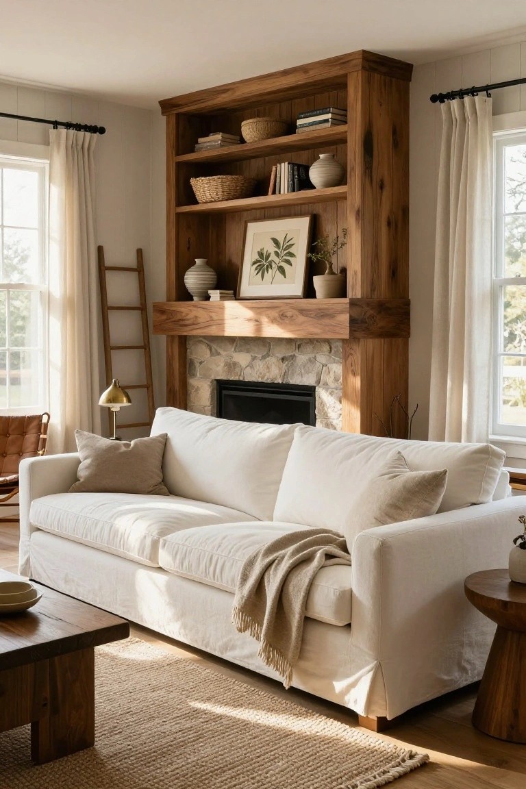 Living room with white slipcovered sofa facing a stone fireplace flanked by tall wooden built-in bookshelves filled with books, baskets, ceramics, and plants, plus a wooden coffee table on a seagrass rug.