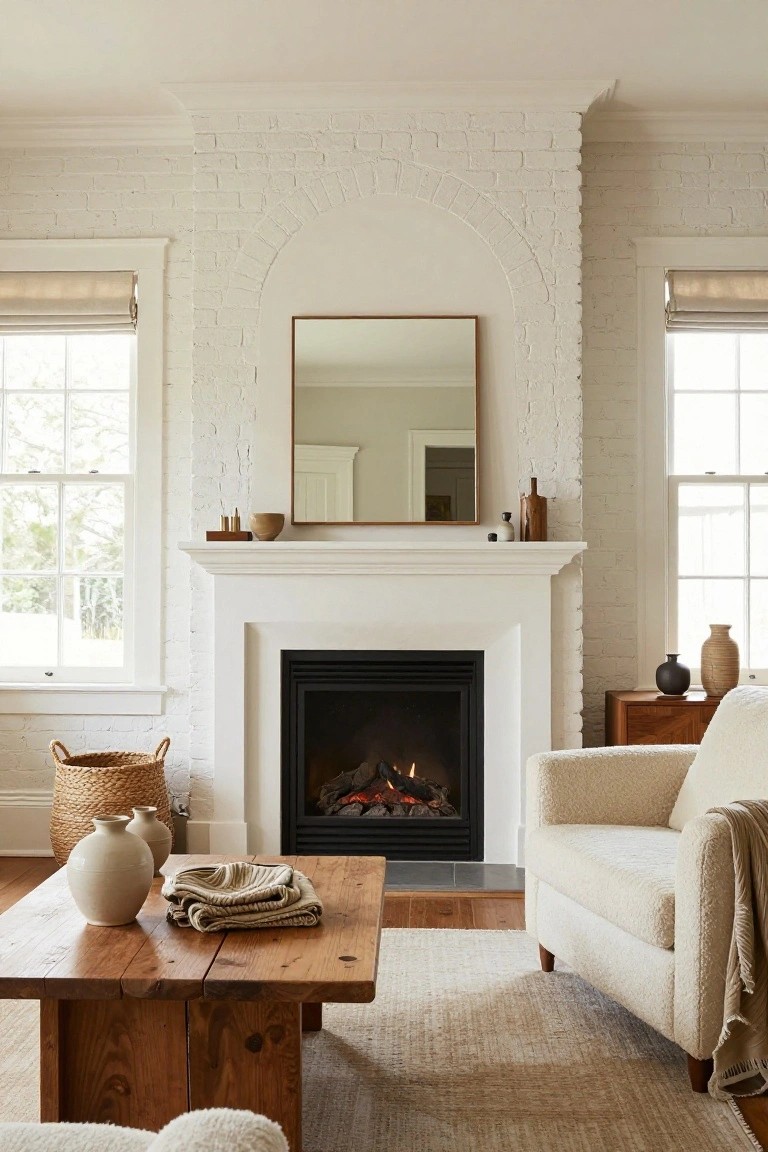 A living room with a white arched brick fireplace containing gas flames, flanked by windows with roman shades, wooden coffee table holding pottery and linens, cream tufted armchair with throw, and neutral decor on wood floors.