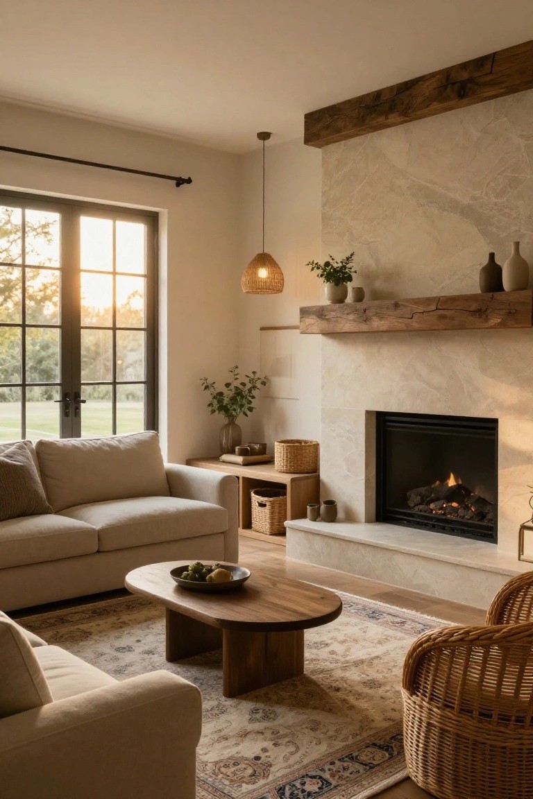 Living room with beige sofa facing a gas fireplace, rough wood beam mantel on light stone surround, wooden coffee table, rattan chair, plants, and large windows with sunset light.
