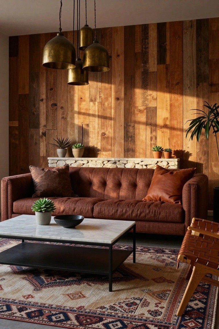 Living room featuring a vertical wood plank accent wall, rust tufted sofa with pillows, marble-top coffee table with plants, brass pendant lights, potted succulents, woven chair, and patterned rug.